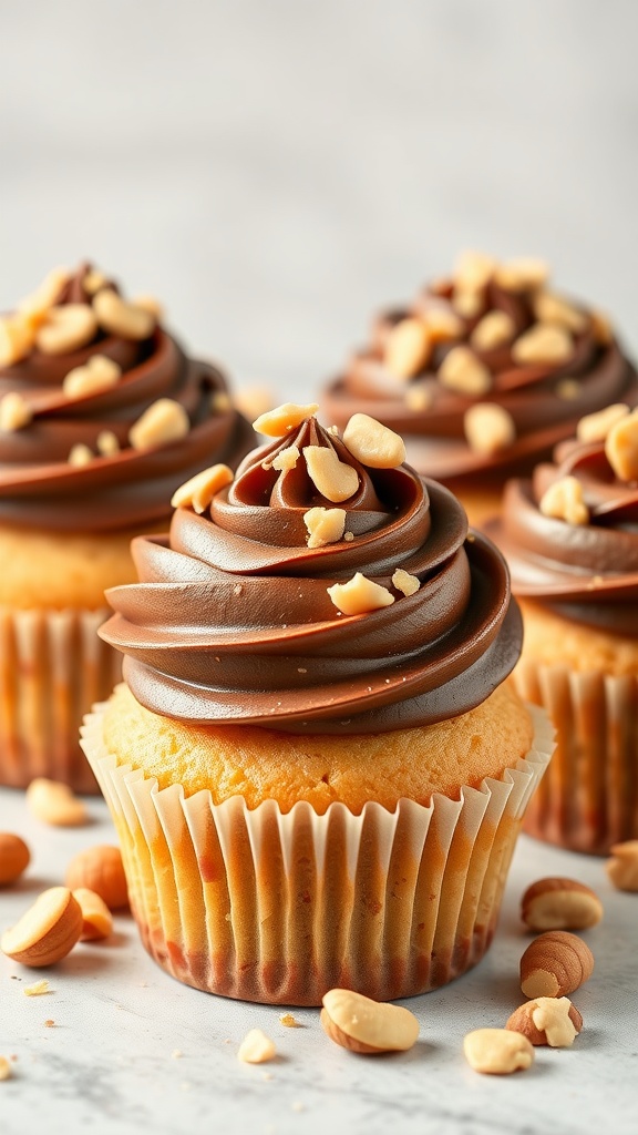 Peanut butter cupcakes with chocolate frosting and crushed peanuts on top.