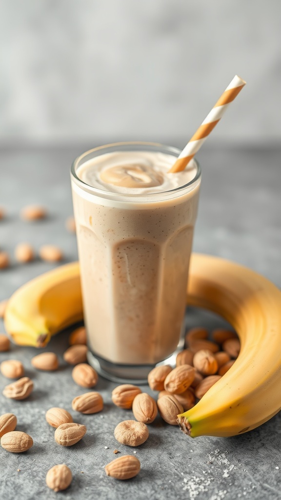 A creamy peanut butter protein smoothie in a glass with a straw, surrounded by bananas and nuts.