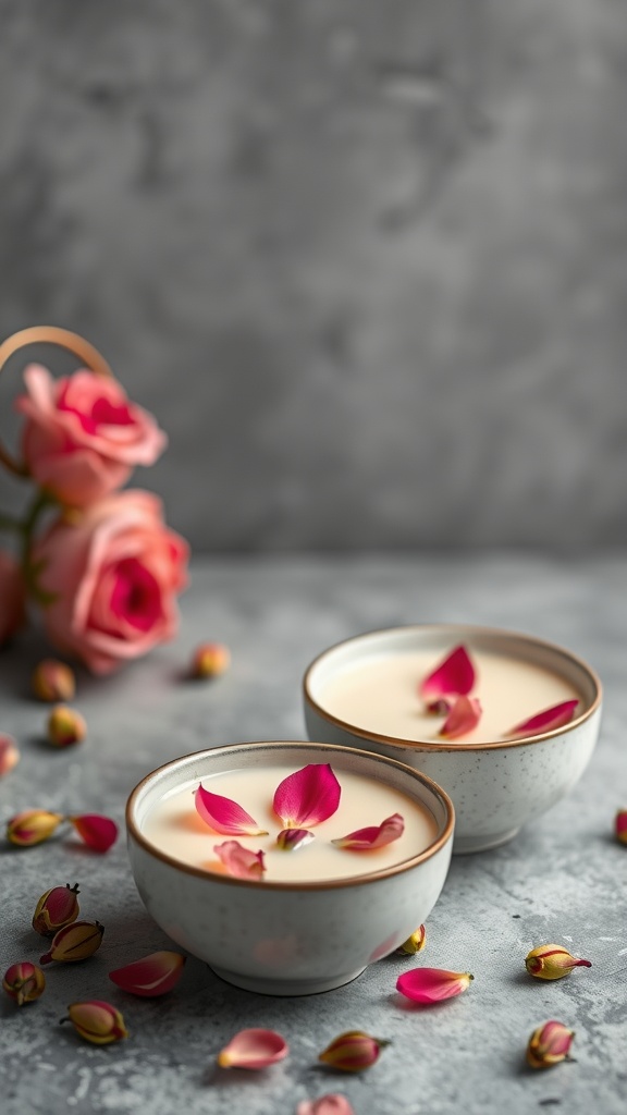 Pistachio rose water pudding in bowls with rose petals and buds around