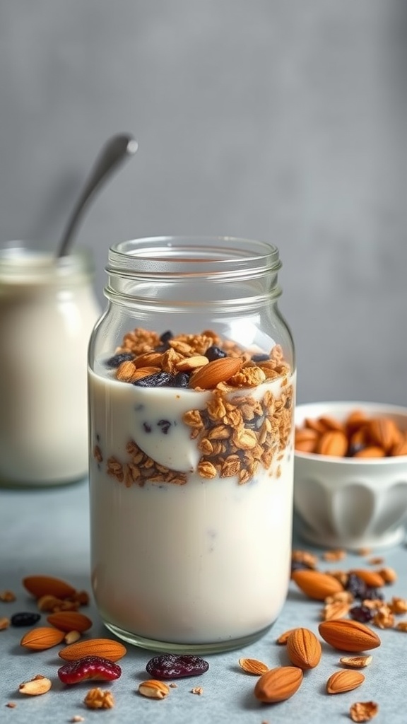 A jar of granola with pumpkin seeds and almonds, surrounded by loose nuts and a small bowl of almonds.