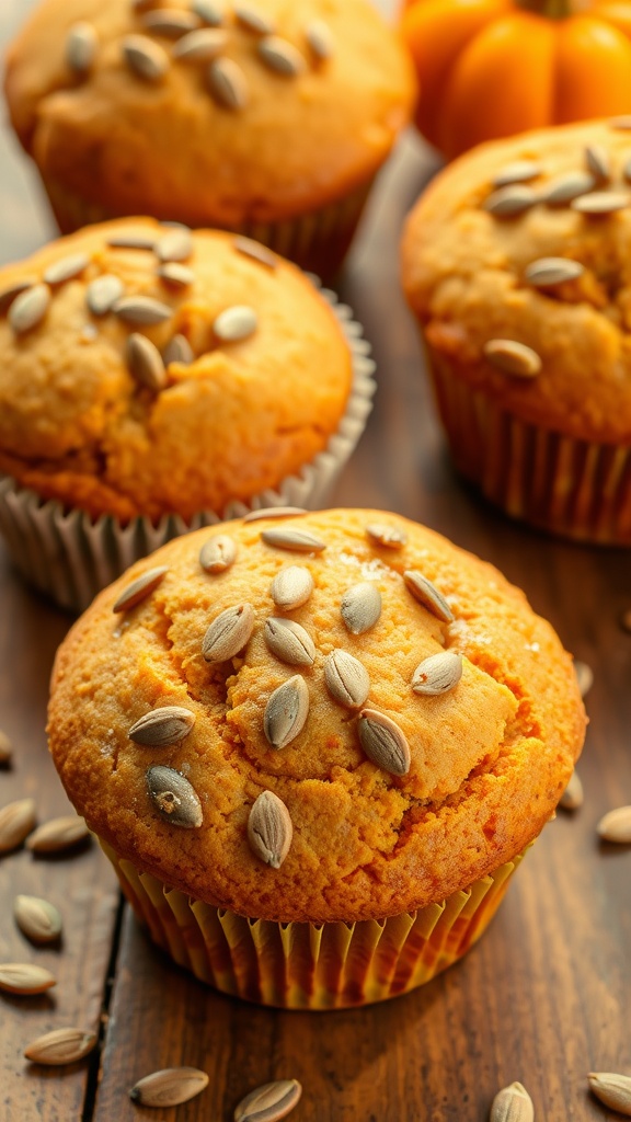 Delicious vegan pumpkin spice muffins topped with pumpkin seeds.