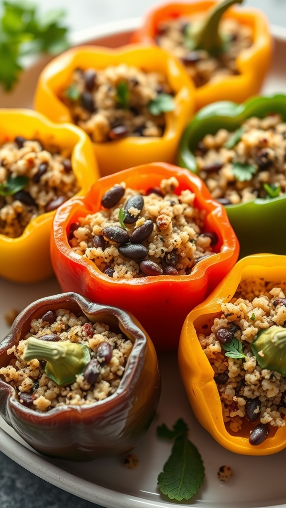 Colorful quinoa-stuffed bell peppers on a plate.