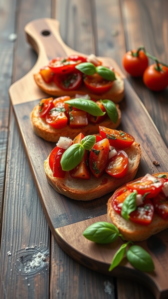 A wooden board with slices of bruschetta topped with roasted tomatoes and basil.