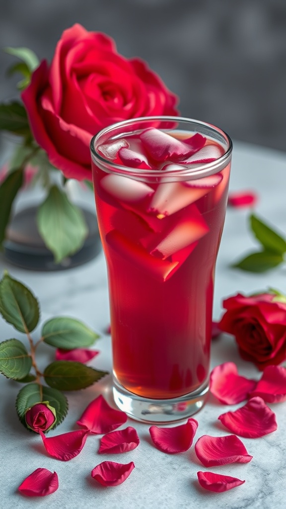 A glass of rose infused hibiscus tea surrounded by fresh rose petals and roses.