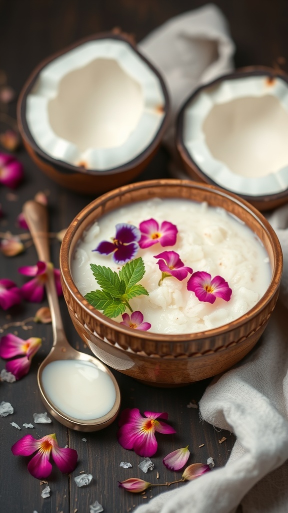 A bowl of creamy coconut rice pudding garnished with edible flowers, next to open coconut shells.