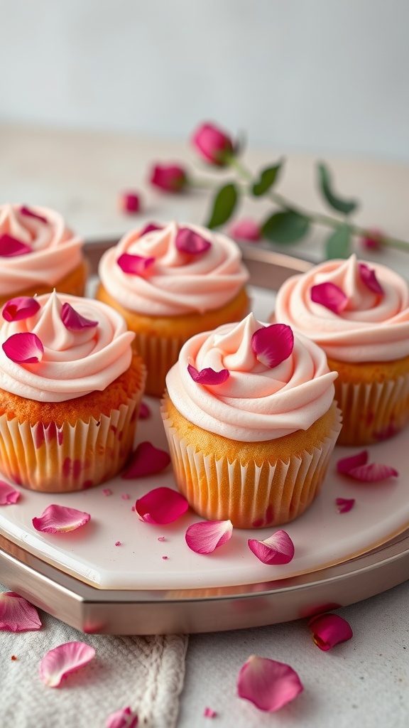 Rosewater infused vegan cupcakes with pink frosting and rose petals on top