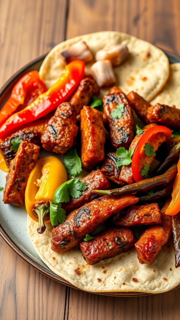 A delicious plate of seitan fajitas with bell peppers, served in warm tortillas.