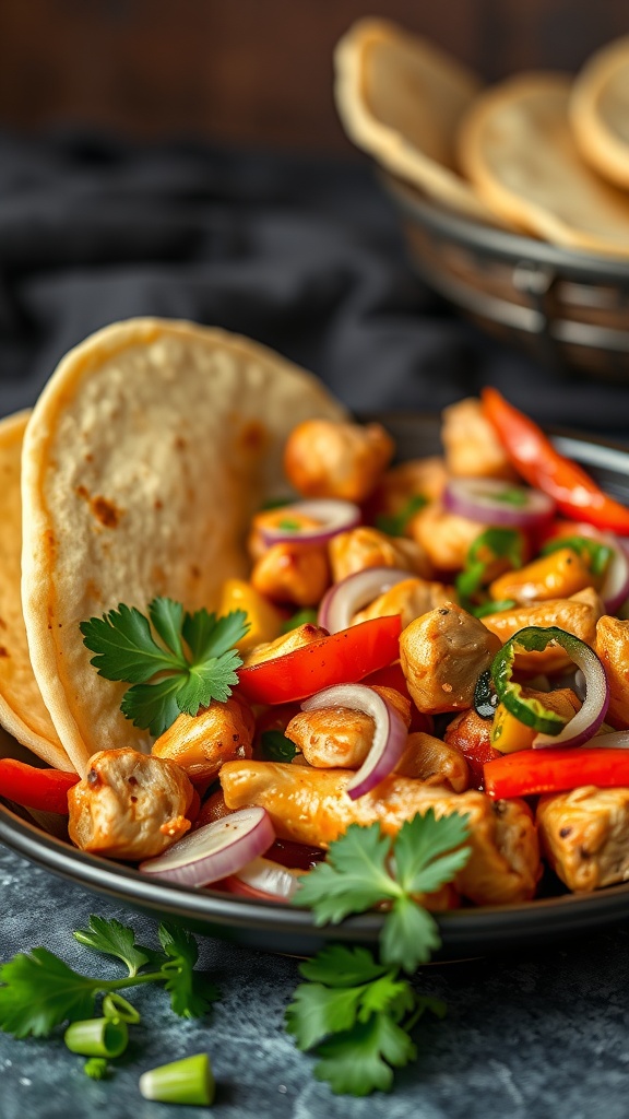 A plate of sizzling chicken fajitas with colorful vegetables and tortillas on the side.