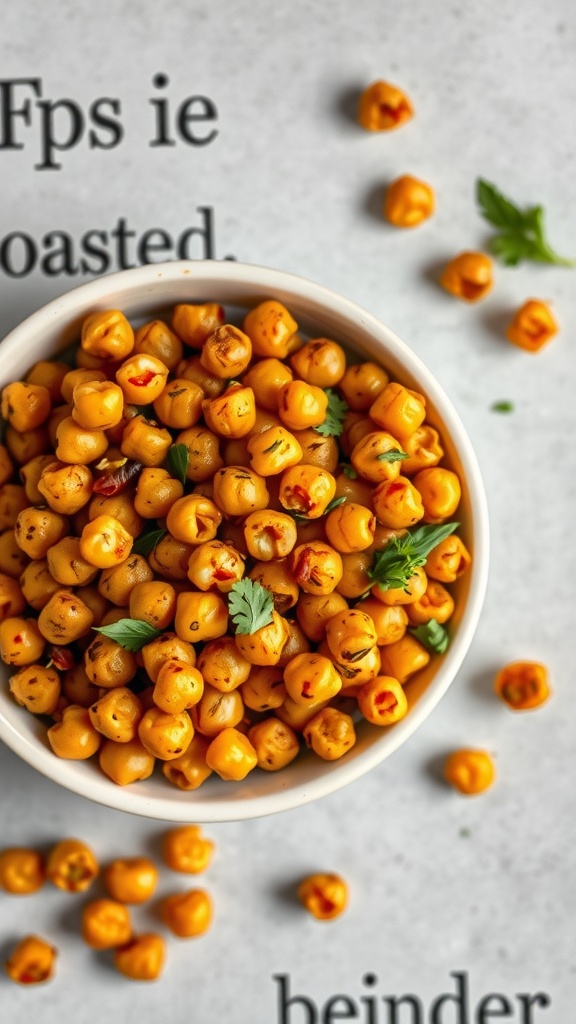 A bowl of spicy roasted chickpeas with some scattered around on a surface.