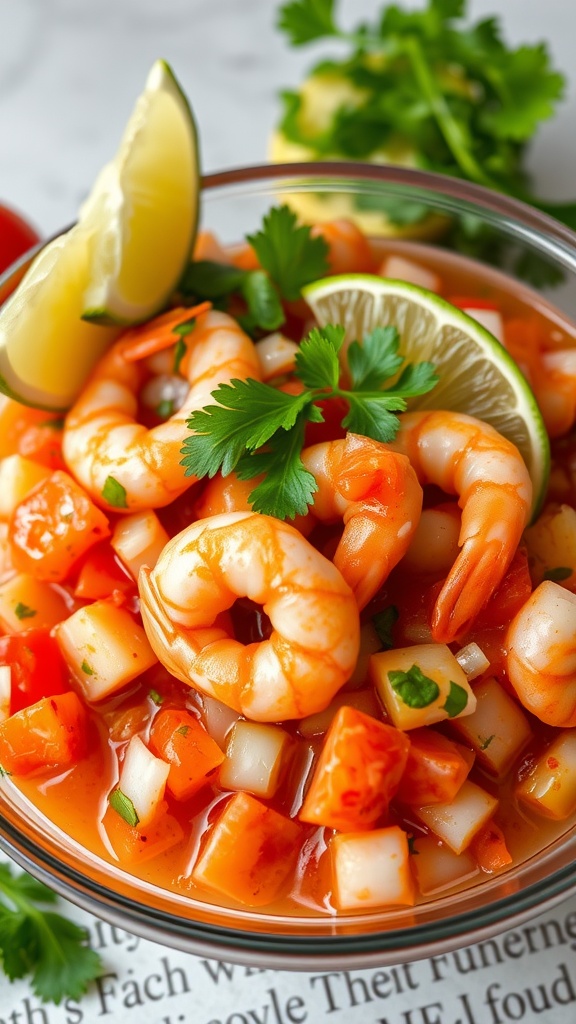A bowl of spicy shrimp ceviche with shrimp, diced vegetables, lime, and cilantro.