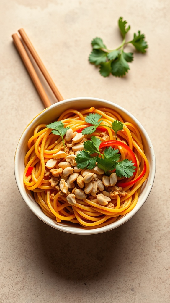 A bowl of spicy Thai peanut noodles topped with cilantro and peanuts, served with chopsticks.