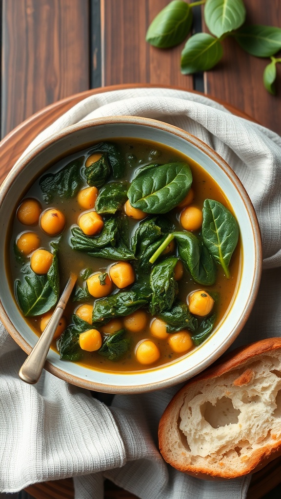 A bowl of spinach and chickpea stew with a spoon and a piece of bread on the side.