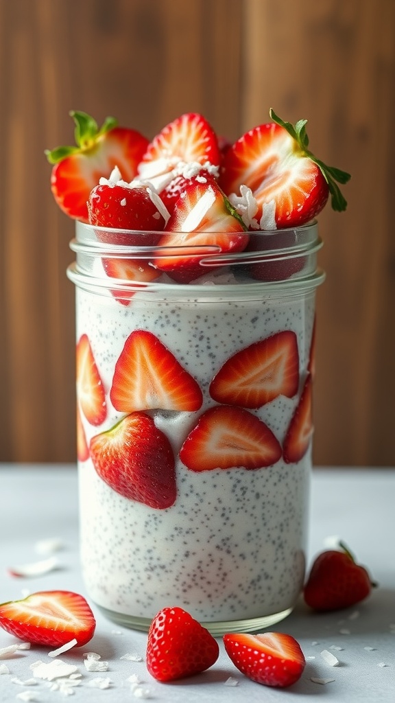 A jar filled with strawberry coconut chia pudding topped with fresh strawberries and shredded coconut.