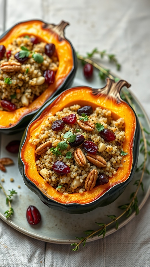Stuffed acorn squash filled with quinoa, nuts, and cranberries on a plate.