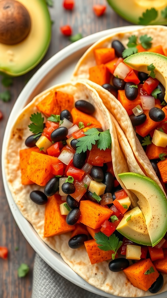 Close-up of sweet potato and black bean tacos topped with avocado and salsa.