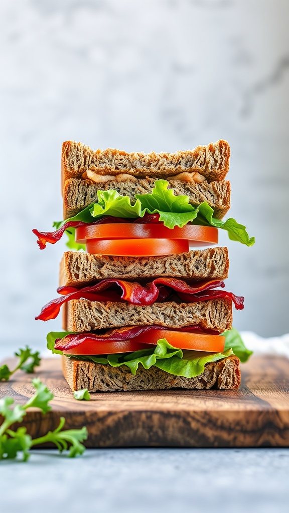 Tempeh Bacon BLT Sandwich stacked with lettuce and tomato on a wooden board.