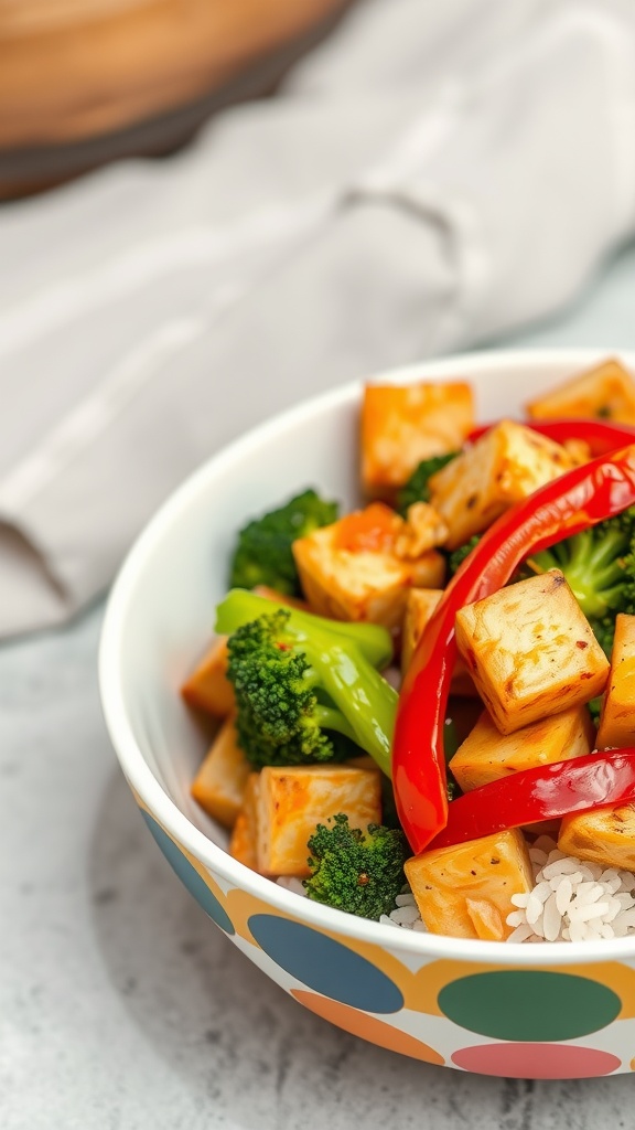A colorful bowl of tofu stir-fry with broccoli and bell peppers on a table.