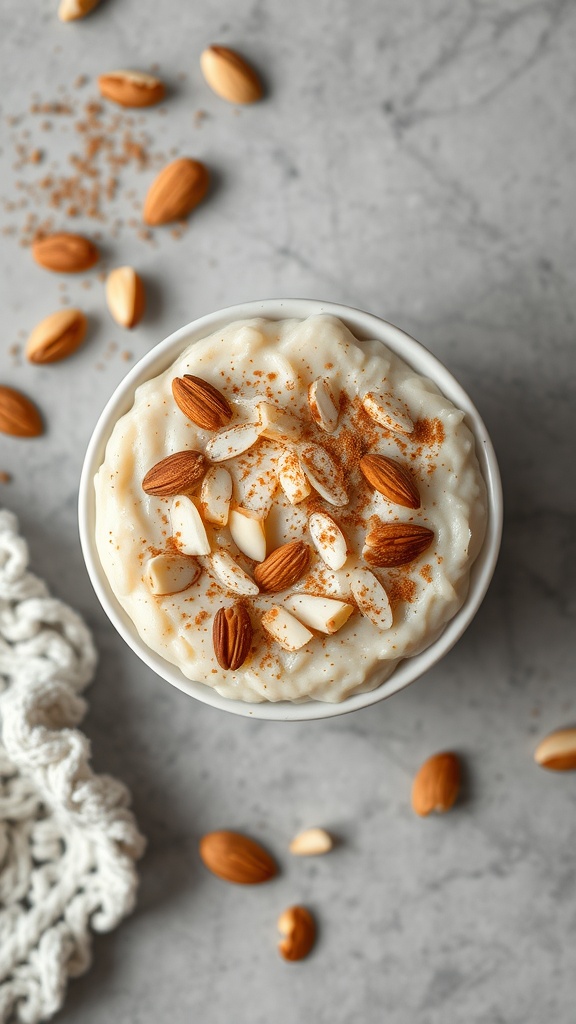 A bowl of vanilla almond rice pudding topped with almonds and cinnamon on a marble surface.