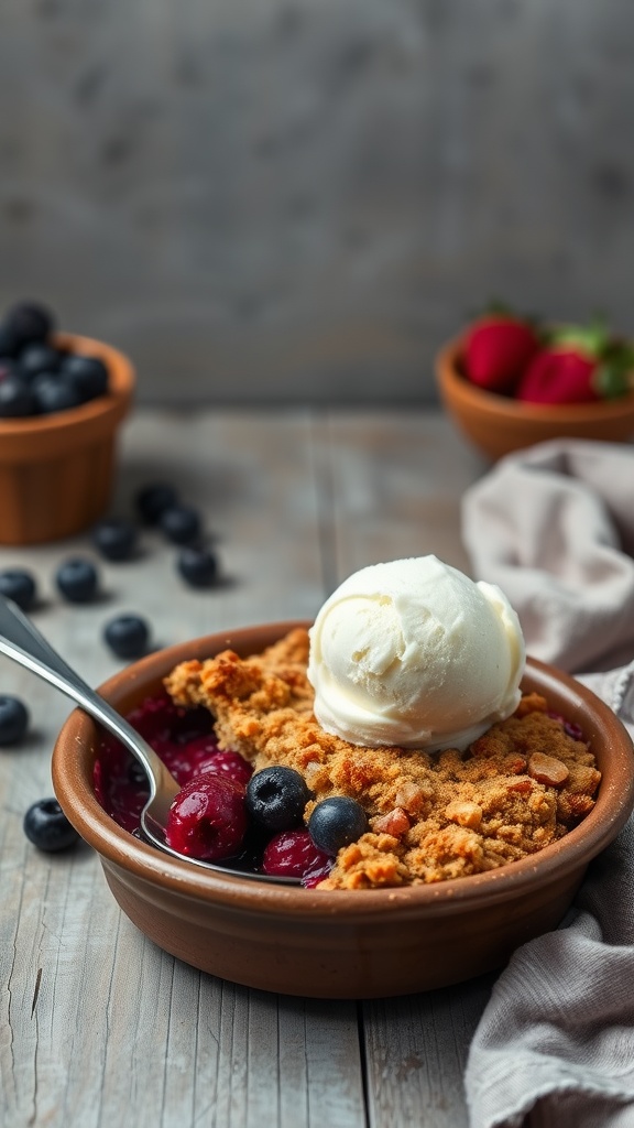 A delicious vegan berry crumble topped with ice cream, surrounded by fresh berries.