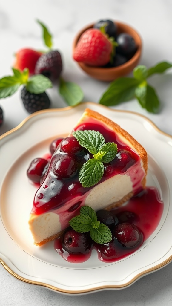 A slice of vegan cheesecake topped with mixed berries and mint on a plate, with more berries in the background.