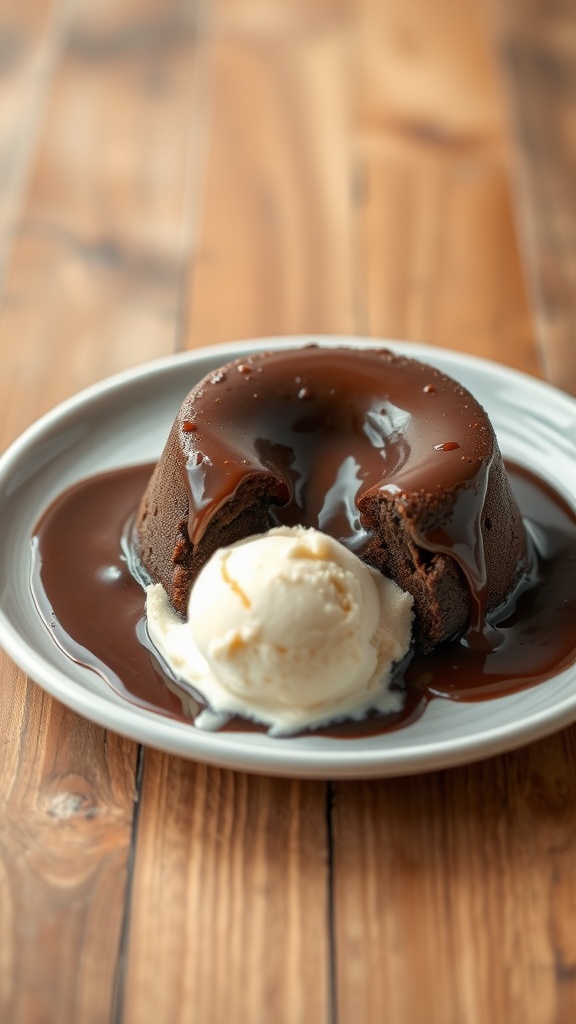 A delicious vegan chocolate lava cake with melting chocolate sauce and a scoop of vanilla ice cream.