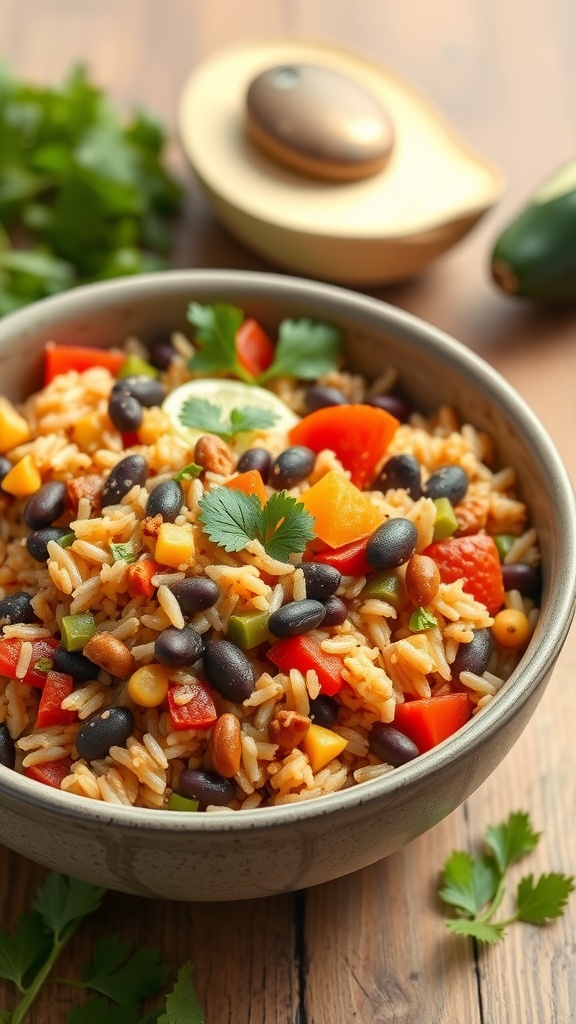 A bowl of vegan jambalaya with rice, black beans, colorful vegetables, and cilantro