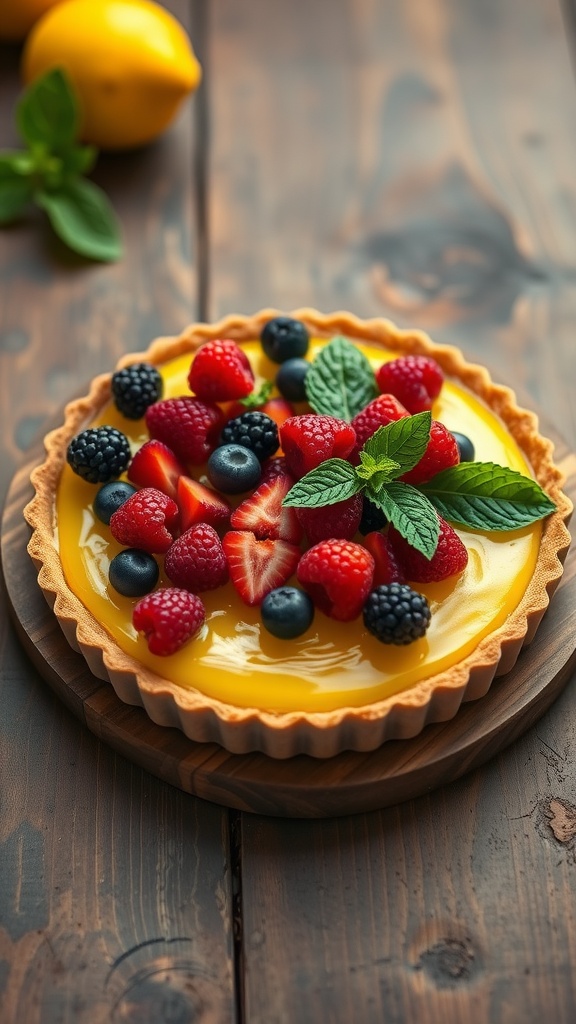 Vegan lemon tart topped with fresh berries on a wooden table.