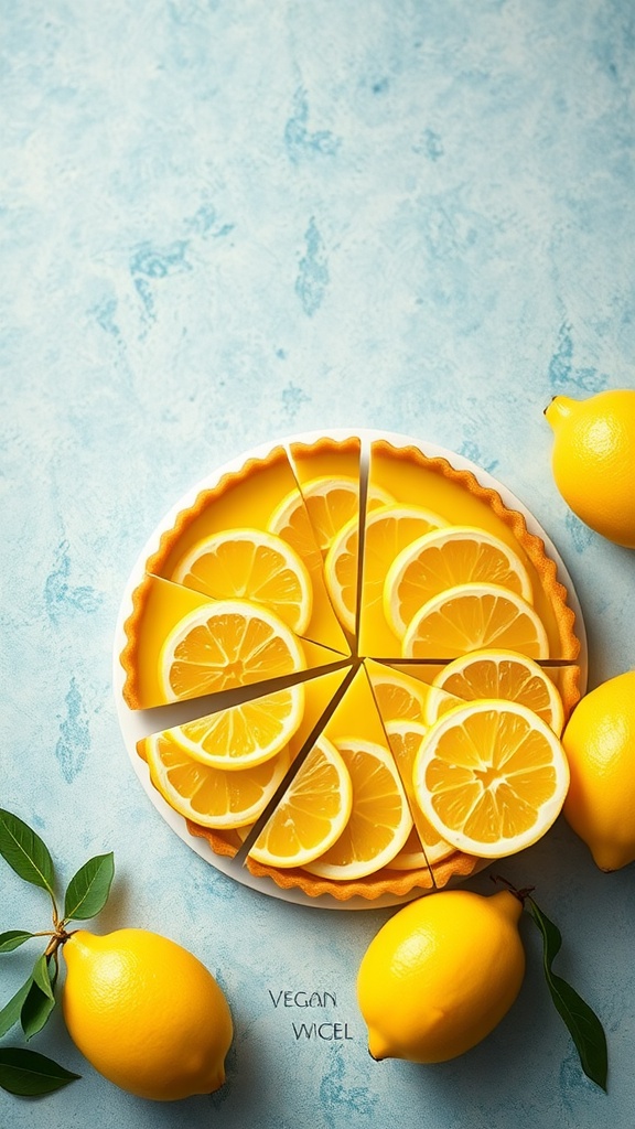 A delicious vegan lemon tart topped with fresh lemon slices, surrounded by whole lemons.