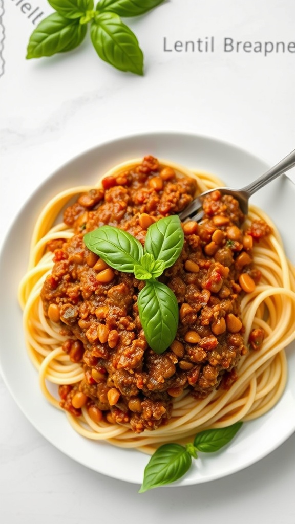 A plate of vegan lentil bolognese with spaghetti, topped with fresh basil.