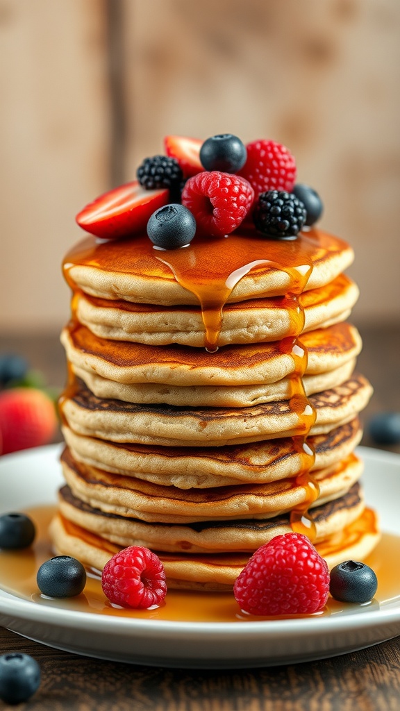 Stack of vegan protein pancakes topped with fresh fruits and syrup