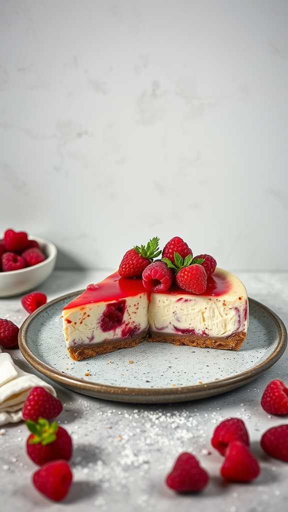 A vegan raspberry cheesecake topped with fresh raspberries on a plate.