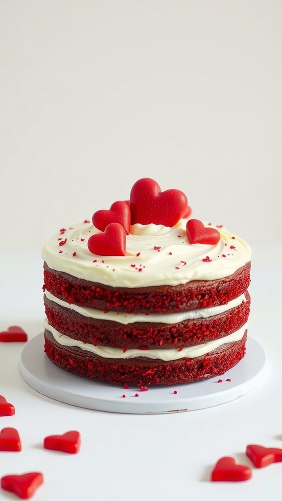 A beautiful vegan red velvet cake topped with red heart decorations.