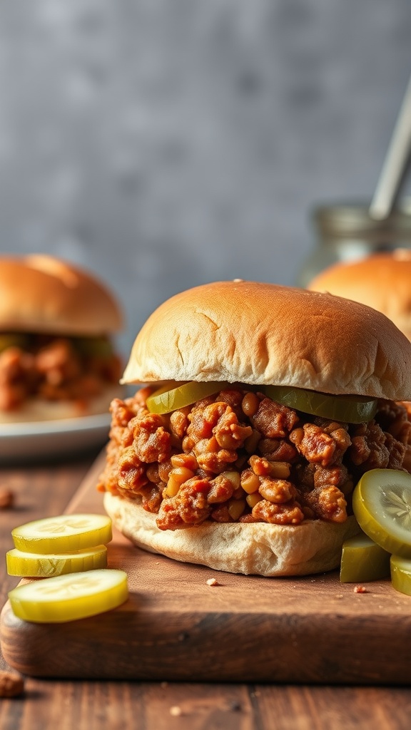 A delicious vegan sloppy joe made with lentils, served on a bun with pickles.