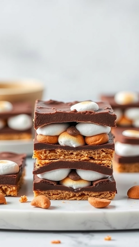 Stack of vegan s'mores bars with chocolate layers and marshmallows