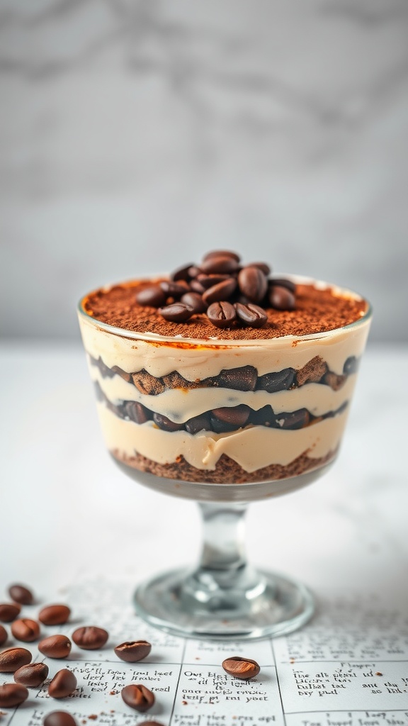 A glass dish of vegan tiramisu topped with coffee beans.