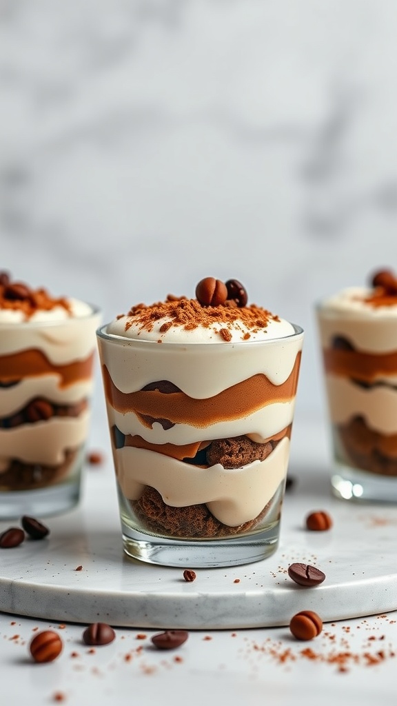 Three vegan tiramisu cups layered with cream and coffee flavors