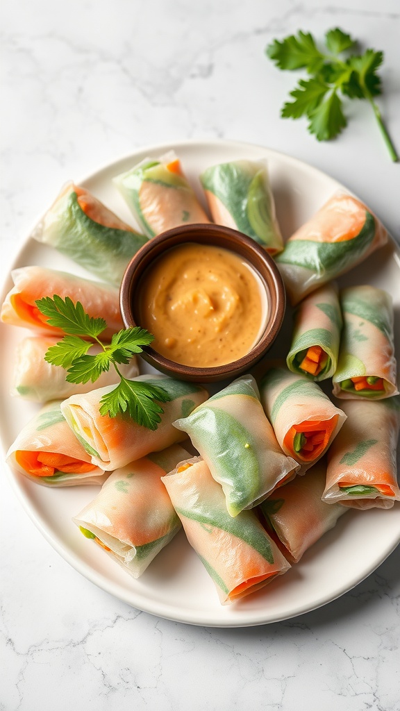 A plate of vegetable spring rolls with a bowl of peanut dipping sauce.