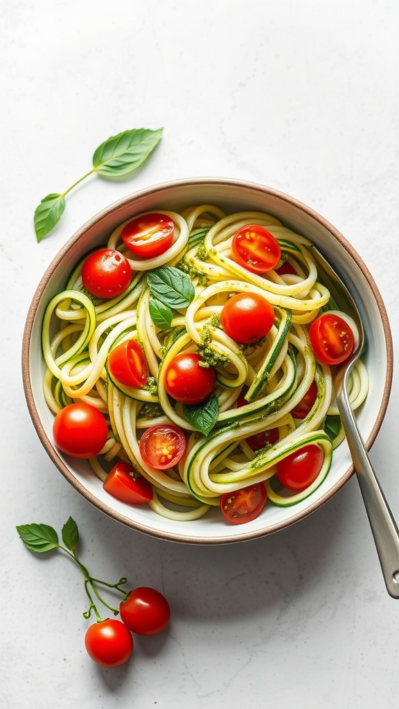 A bowl of zucchini noodles topped with pesto, cherry tomatoes, and basil leaves.