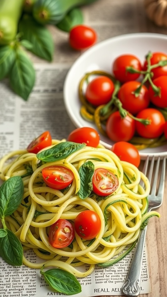 A plate of zucchini noodles topped with pesto and cherry tomatoes.