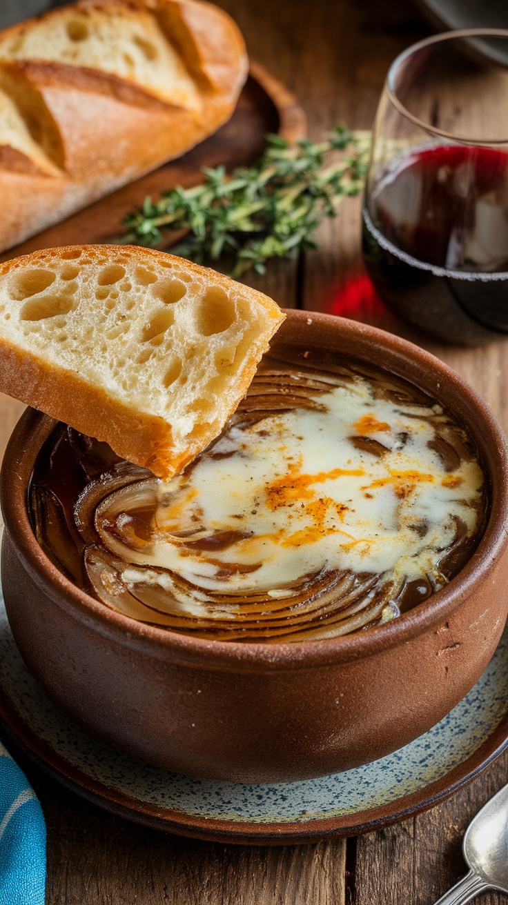 A warm bowl of French onion soup with toasted bread and melted cheese on a rustic table.