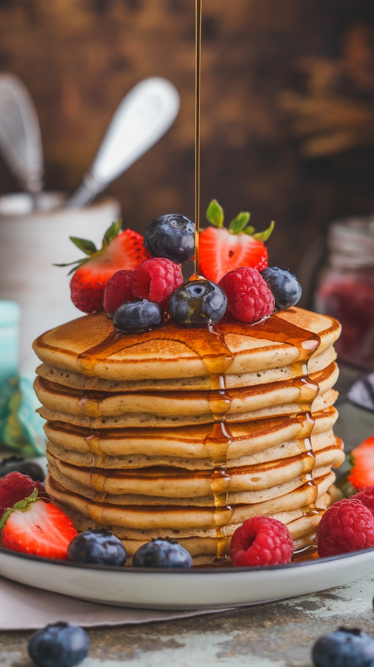 A tall stack of vegan pancakes with berries and maple syrup on a rustic table.