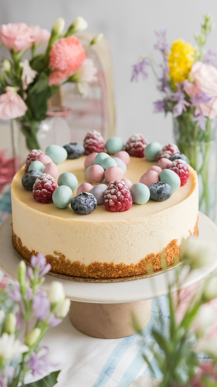 A vibrant Easter cheesecake topped with berries and candies, set on a festive table surrounded by spring flowers.