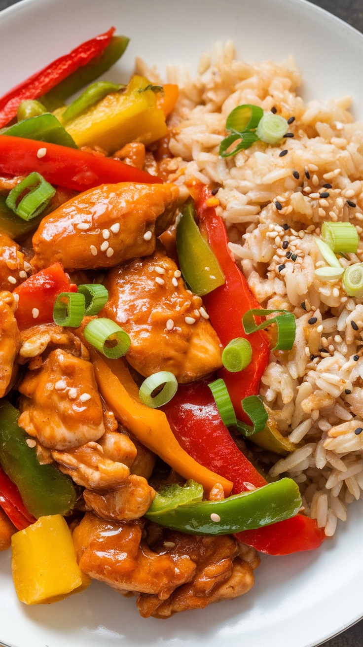 Healthy sweet and sour chicken with bell peppers and pineapple on a plate with brown rice.