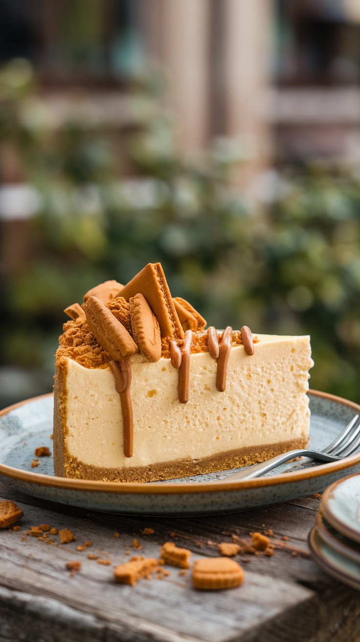 Decadent Vegan Biscoff Cheesecake A slice of vegan Biscoff cheesecake topped with crushed cookies, presented on a wooden table.