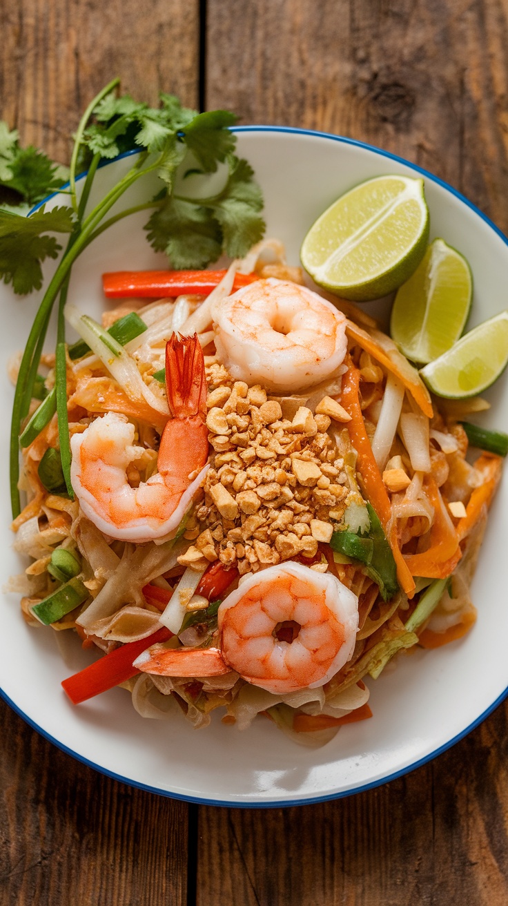 A colorful plate of shrimp Pad Thai with rice noodles, vegetables, and crushed peanuts, garnished with lime and cilantro.