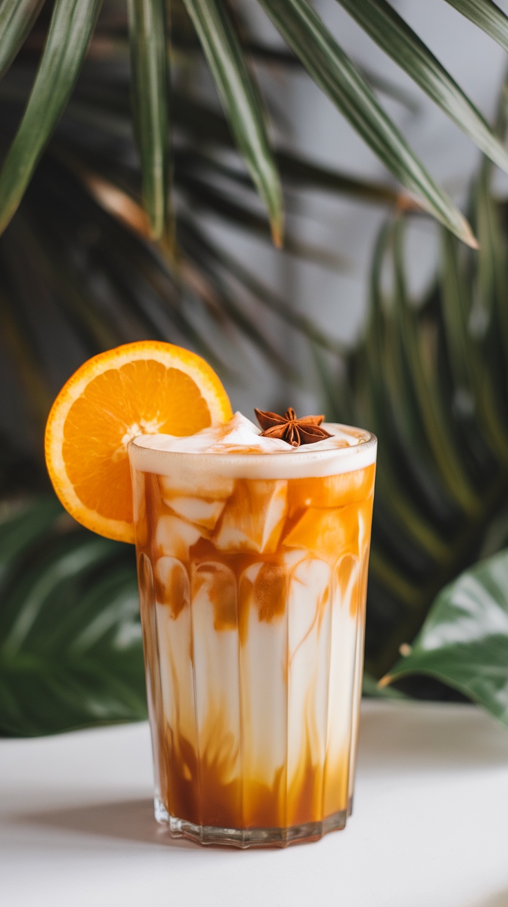 A refreshing Iced Thai Tea Latte with rich orange and creamy layers, garnished with orange and star anise.