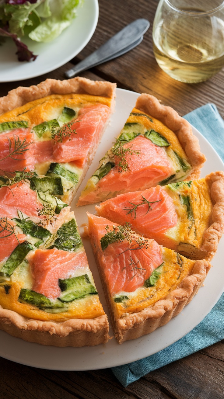 A slice of salmon and bimi quiche with creamy filling and flaky crust, garnished with herbs, served on a rustic table.