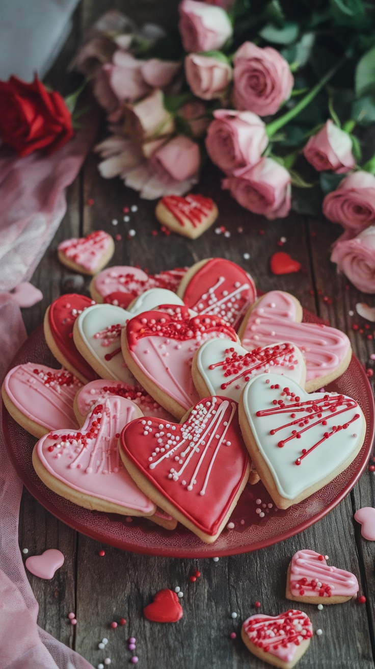 Heart-shaped sugar cookies with pink and red icing on a rustic table with roses.