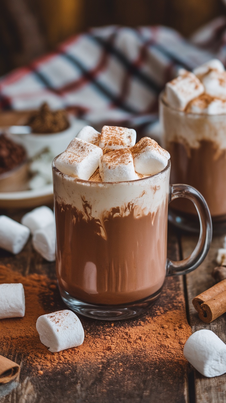 Creamy Vegan Hot Chocolate Recipe A steaming mug of rich vegan hot chocolate topped with marshmallows, surrounded by cocoa powder and cinnamon on a wooden table.