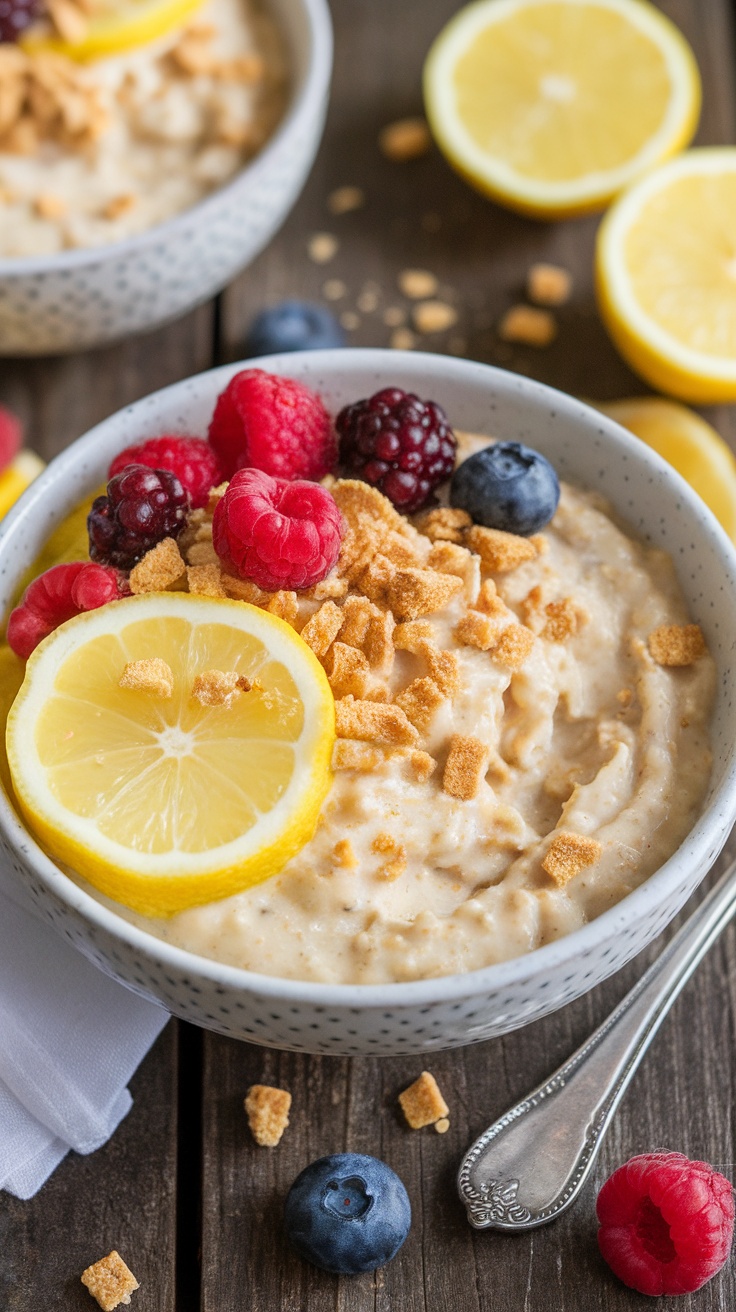 Lemon cheesecake protein oatmeal topped with berries and graham crackers on a rustic table.